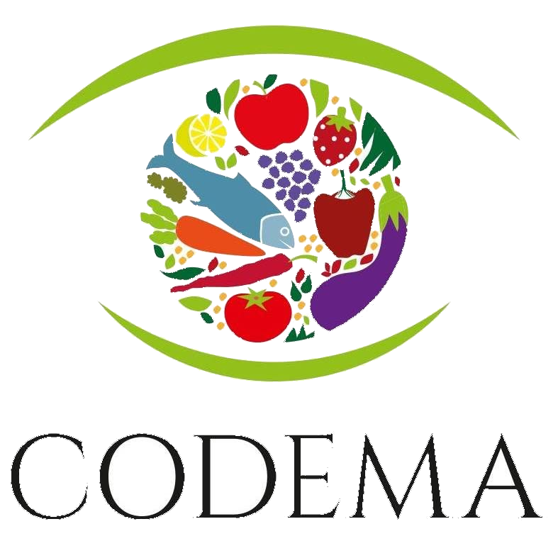 Logo de CODEMA: un ojo cuyo iris está formado por frutas, verduras y un pescado.
